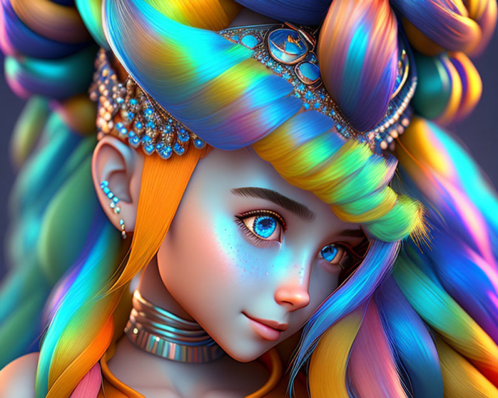 Colorful digital artwork: Girl with rainbow hair, jewels, blue eyes, gold accessories