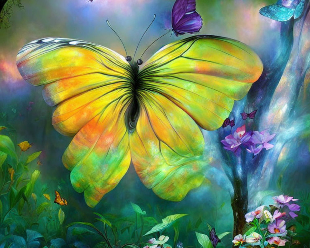 Colorful Digital Art: Large Yellow Butterfly in Enchanted Forest