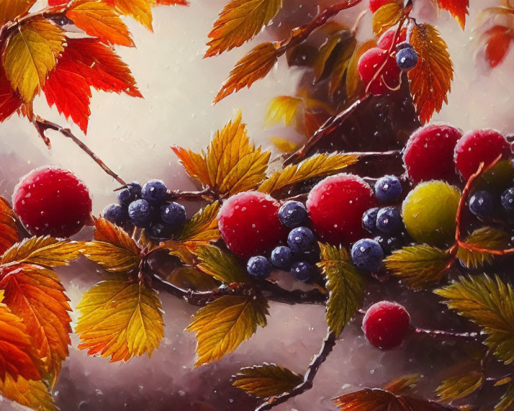 Seasonal still life with red berries, blueberries, and yellowing leaves in dewdrops