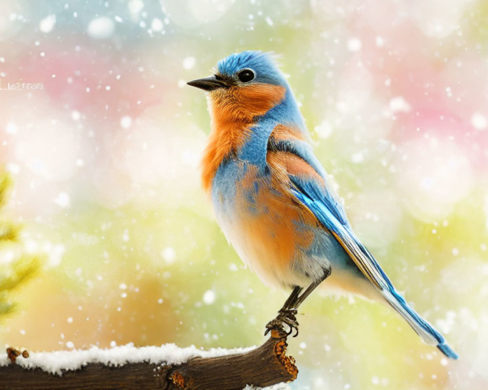 Colorful Bird Perched on Snowy Branch with Bokeh Background