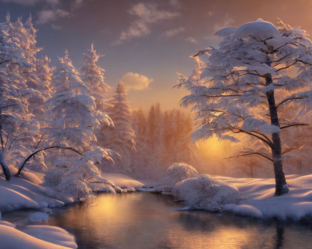 Snow-covered trees and gentle stream in serene winter forest.