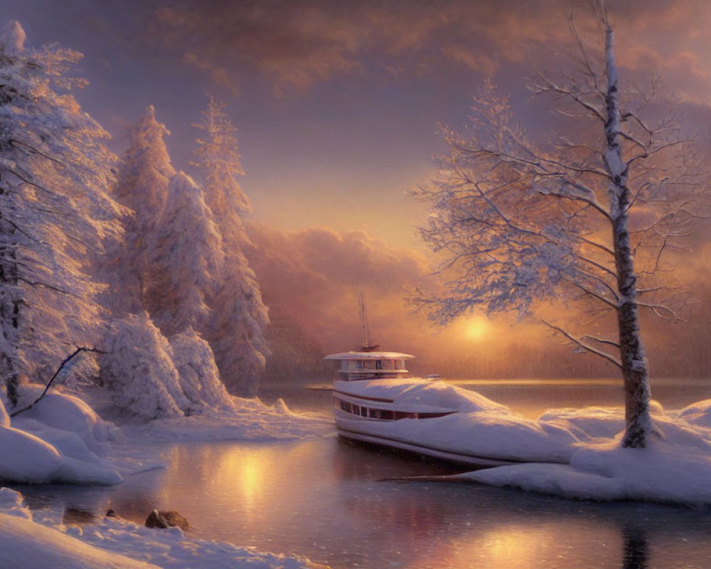 Snow-covered riverbank with boat at dusk surrounded by snowy trees