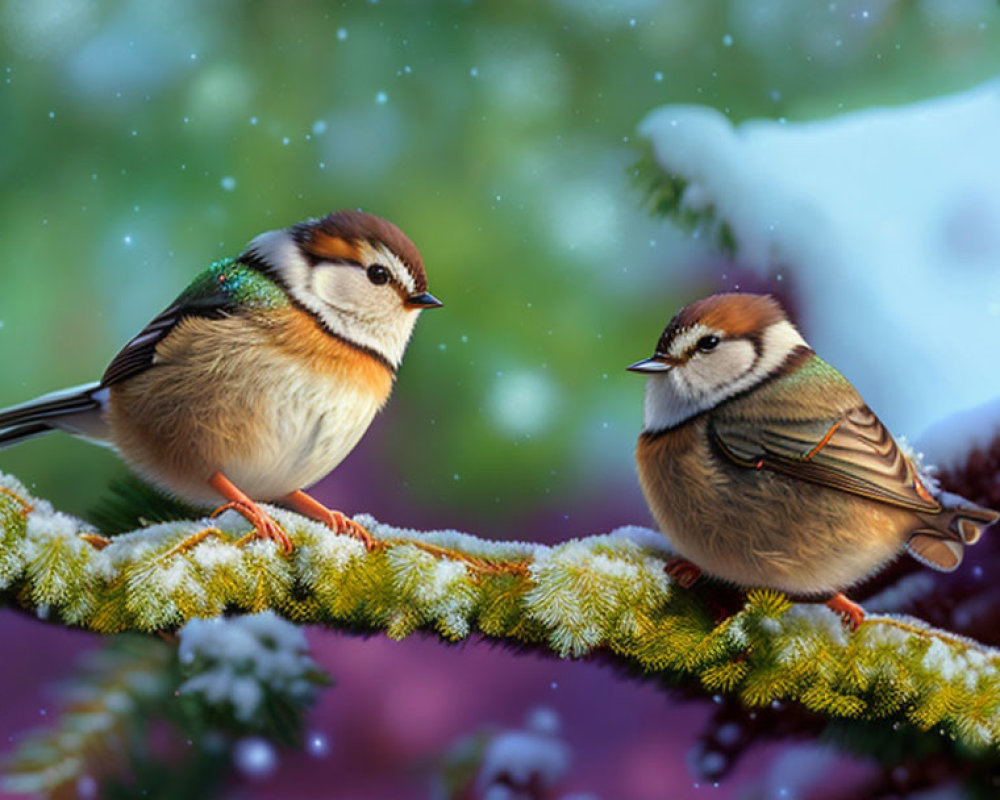 Sparrows on snowy branch with colorful feathers and falling snowflakes