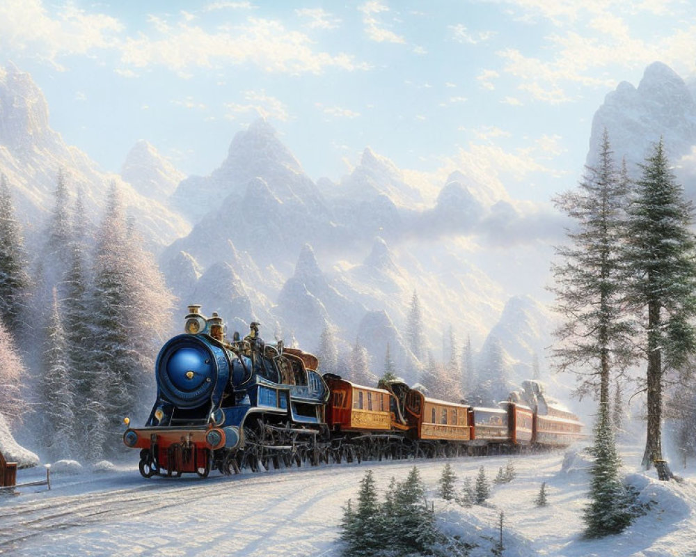 Vintage steam train in snowy mountain landscape with tall pines & cabin