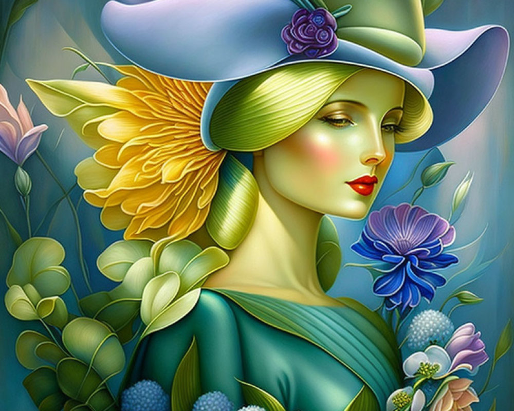 Stylized portrait of woman with wide-brimmed hat and purple flower in lush flora