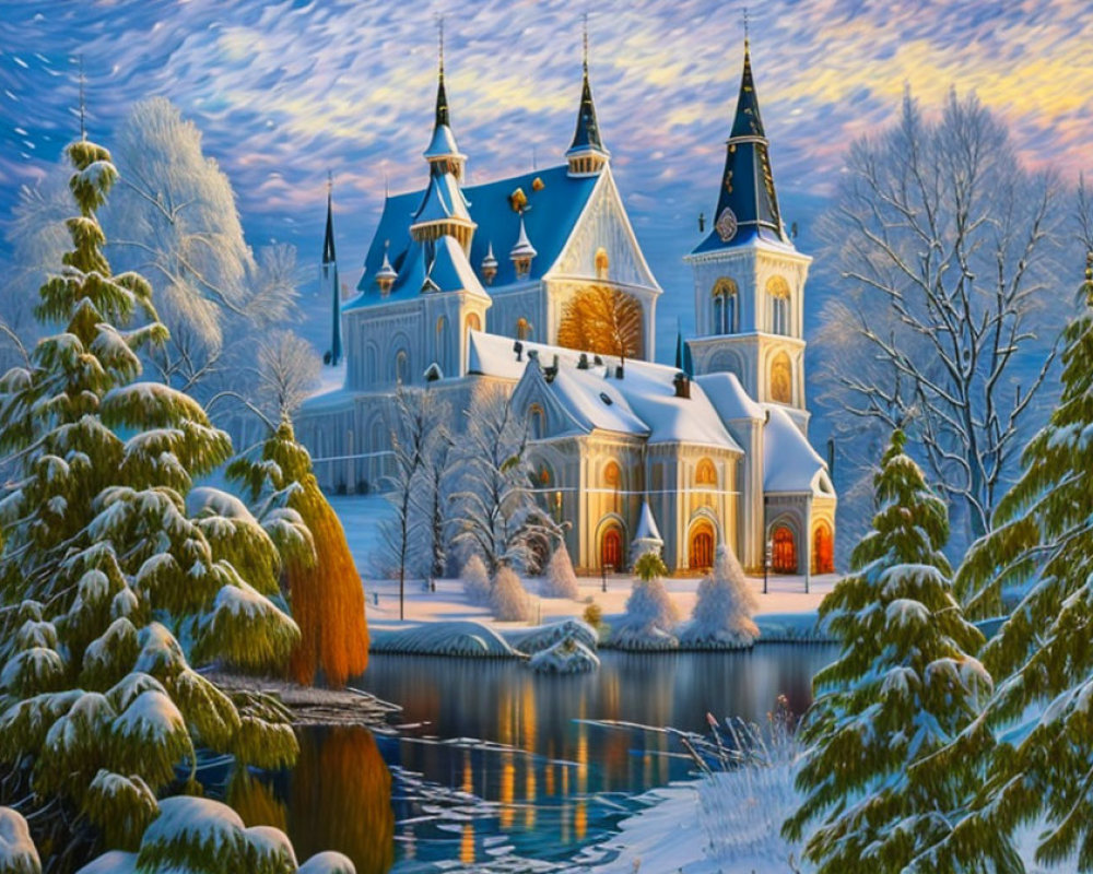 Snowy Fairy-Tale Castle Surrounded by Winter Trees at Dusk