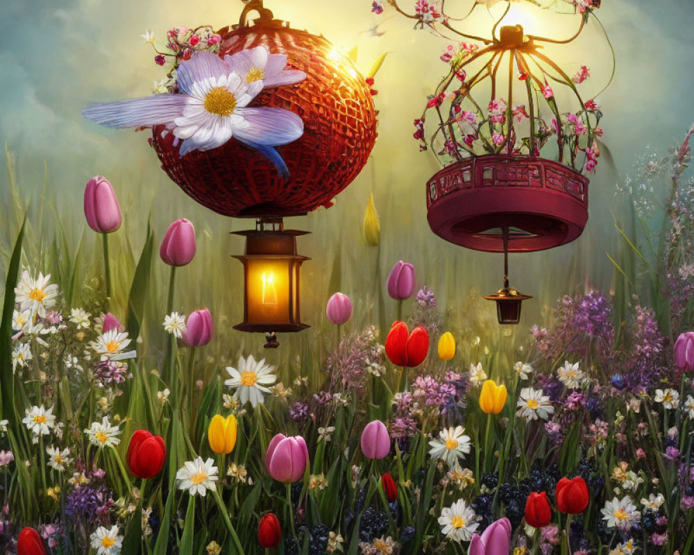 Colorful tulips and wildflowers in vibrant garden with glowing lanterns
