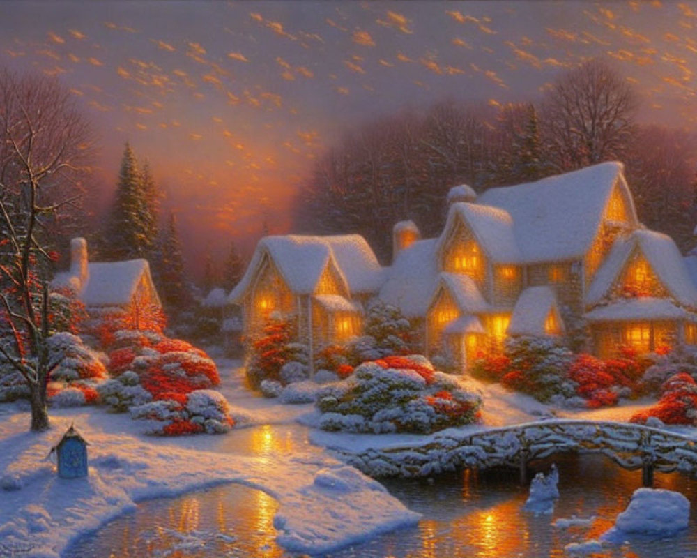 Snow-covered cottages, stone bridge, frozen creek in twilight winter scene