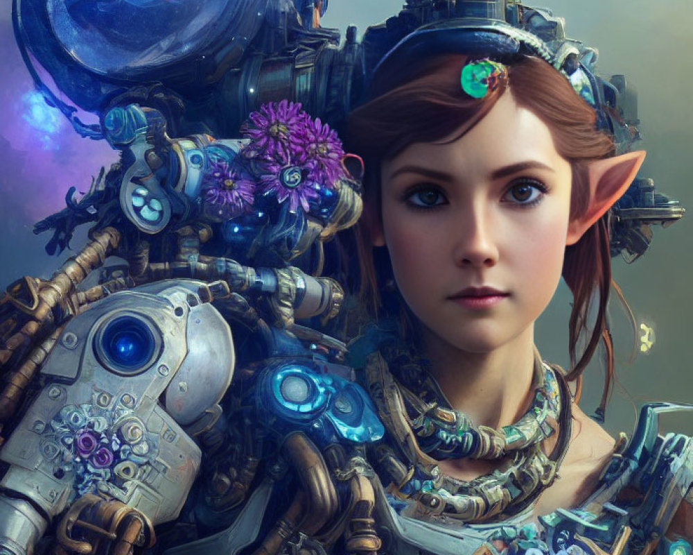 Fantasy elf woman with mechanical body and flowers in futuristic setting