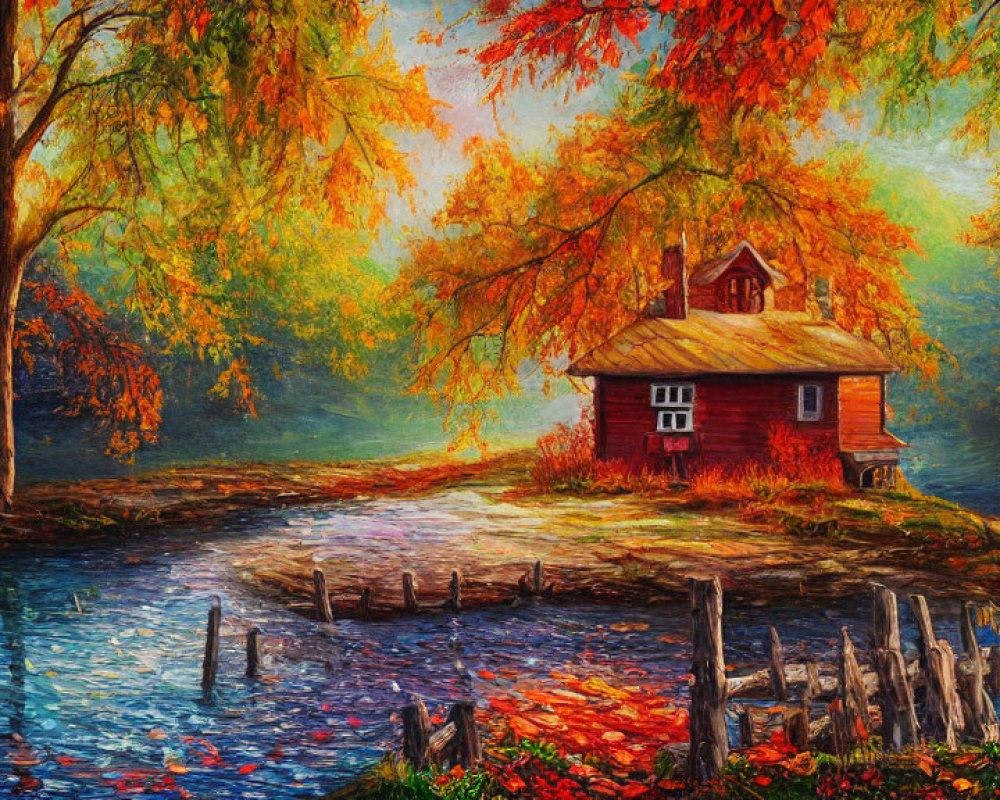 Red Cottage Surrounded by Autumn Trees and Lake