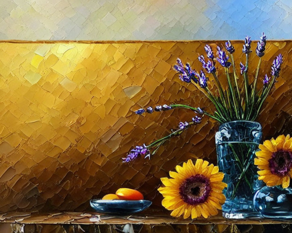 Yellow Flowers in Vase with Lavender Stems and Apricots on Golden Background