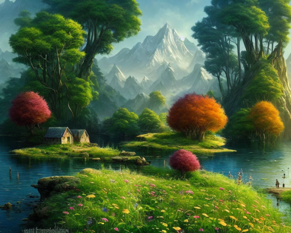 Tranquil fantasy landscape with vibrant trees, cottage, mountains, and calm lake