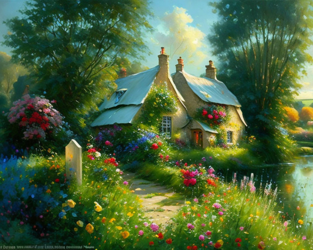 Tranquil cottage with lush greenery, vibrant flowers, and serene pond