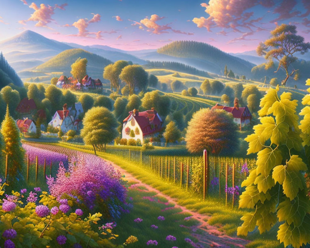 Tranquil village scene with cozy houses, lush gardens, winding road, vibrant flowers, pink sky