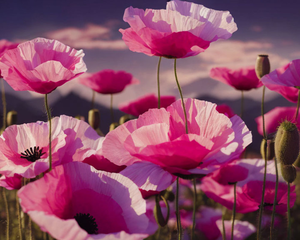 Vibrant pink poppies in field with soft-focus mountains and dusk sky