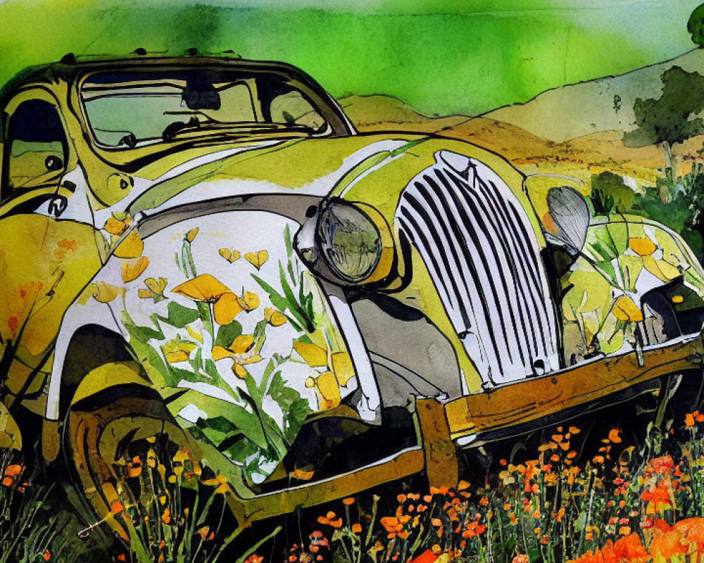 Vintage Car Watercolor Illustration Among Vibrant Flowers
