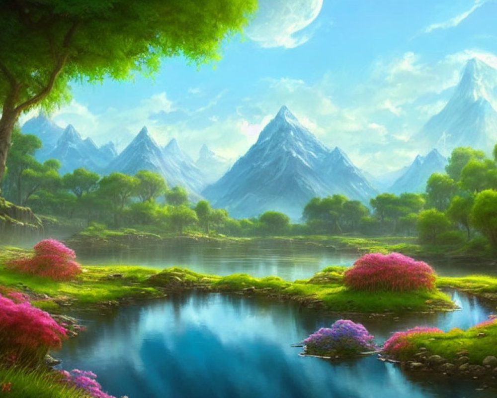 Fantasy landscape with pink flora, blue lake, green trees, snow-capped mountains