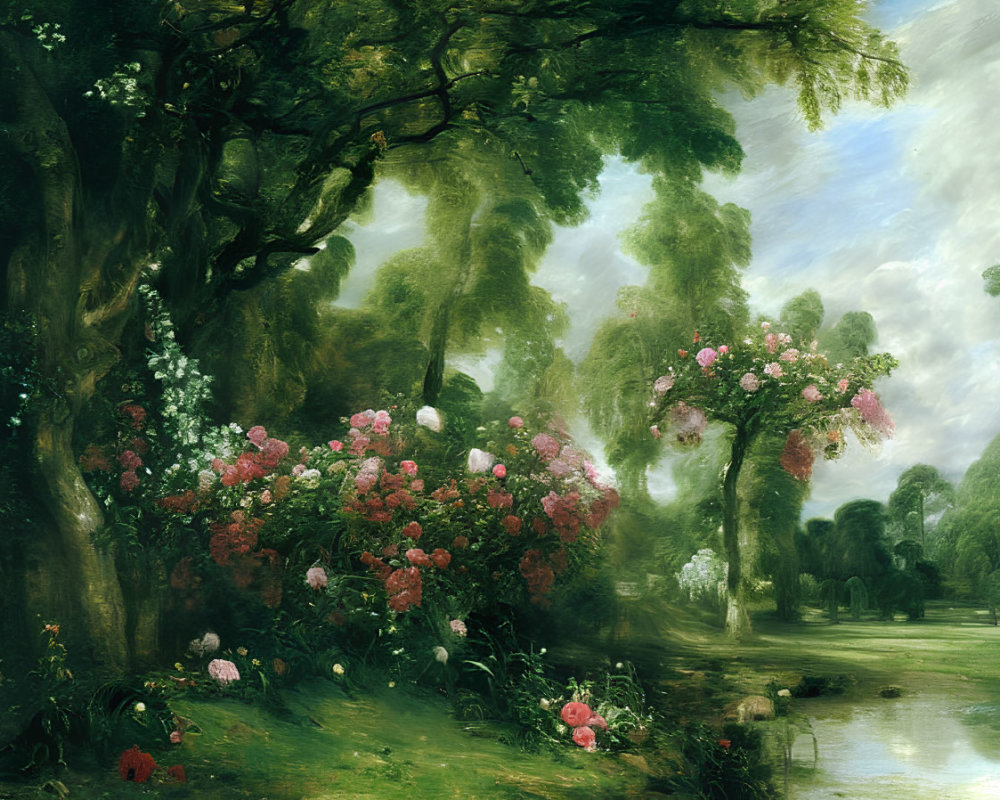 Tranquil landscape painting with lush greenery and pink blooms