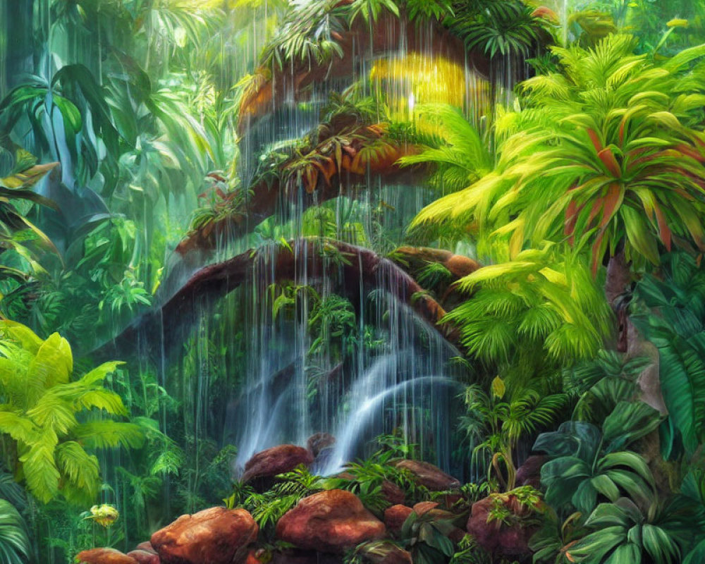 Tropical rainforest with mossy rocks and waterfall