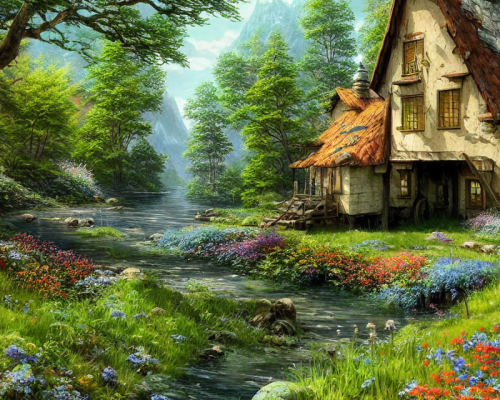Rustic cottage near stream, wildflowers, mountains - serene fairy-tale scene