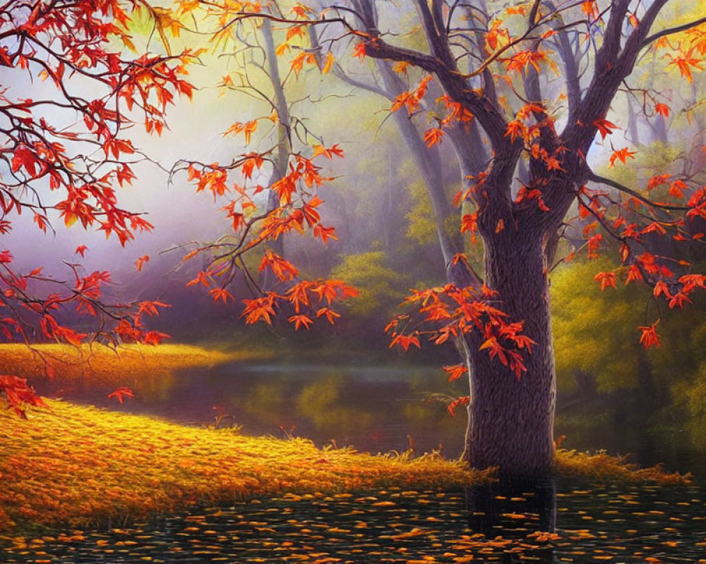 Tranquil autumn landscape with red tree by pond