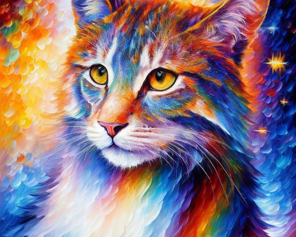 Colorful Abstract Cat Painting with Blue, Orange, and Yellow Hues