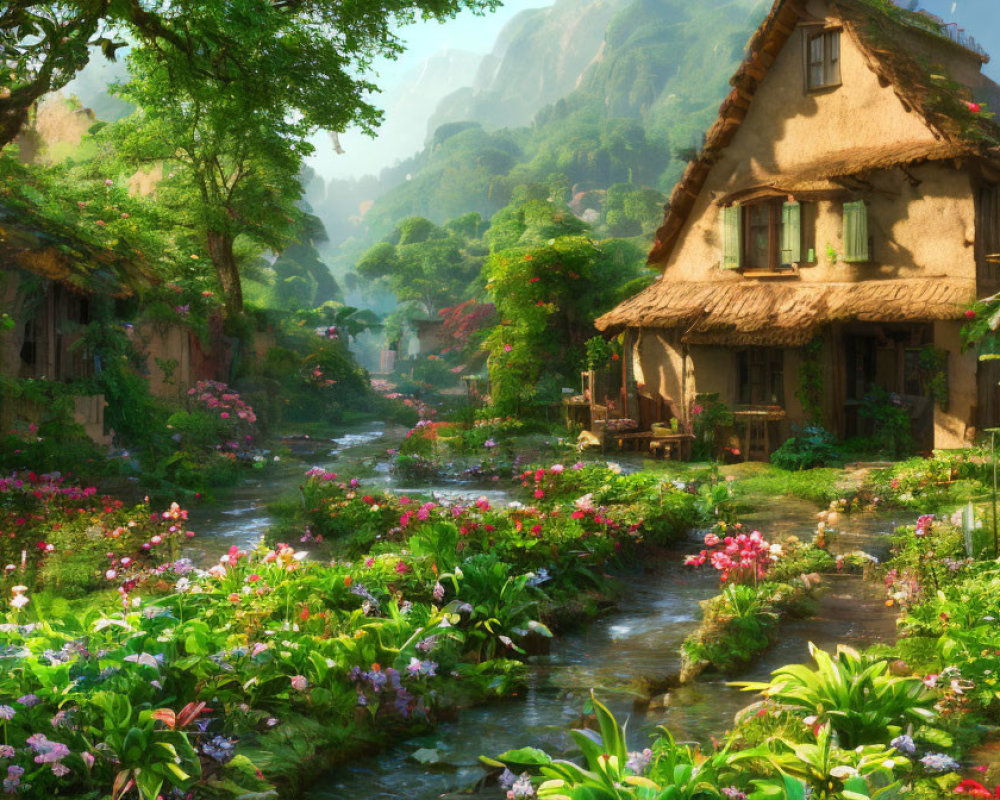 Picturesque Thatched-Roof House in Sunny Village By Flower-Lined Stream
