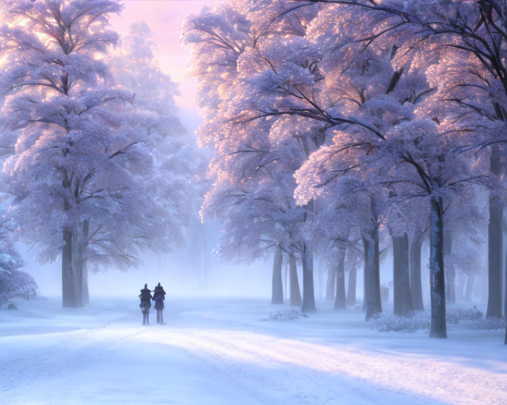 Snowy park scene: Two people walking in winter under purple sky