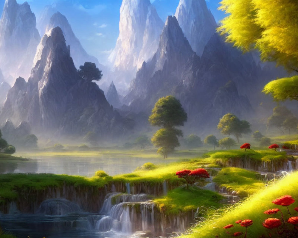Mountainous Landscape with Waterfalls, Greenery, and Vibrant Flora