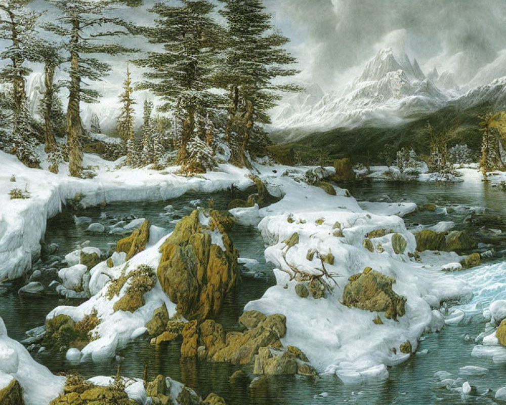 Snow-covered trees, frozen river, icy rocks: Winter landscape with mountains and cloudy sky