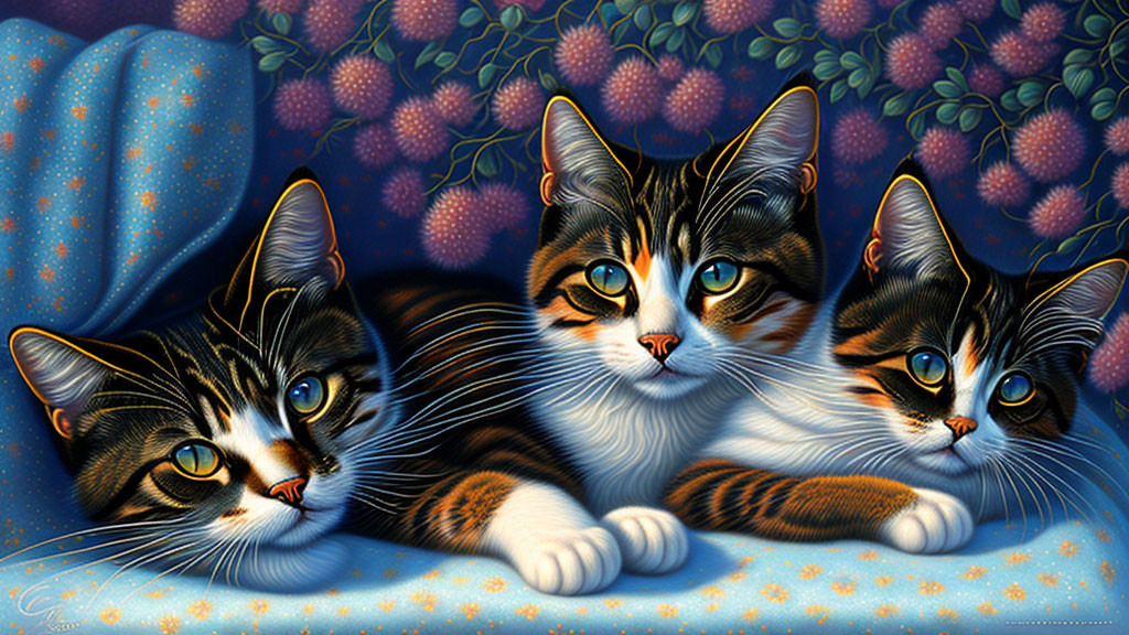Three Vibrantly Colored Cats Resting on Blue Fabric and Floral Wallpaper