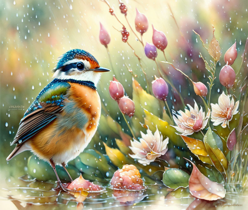 little robin taking a bath in the rain watercolor 