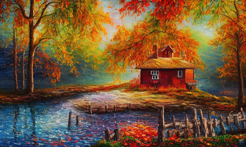 Red Cottage Surrounded by Autumn Trees and Lake