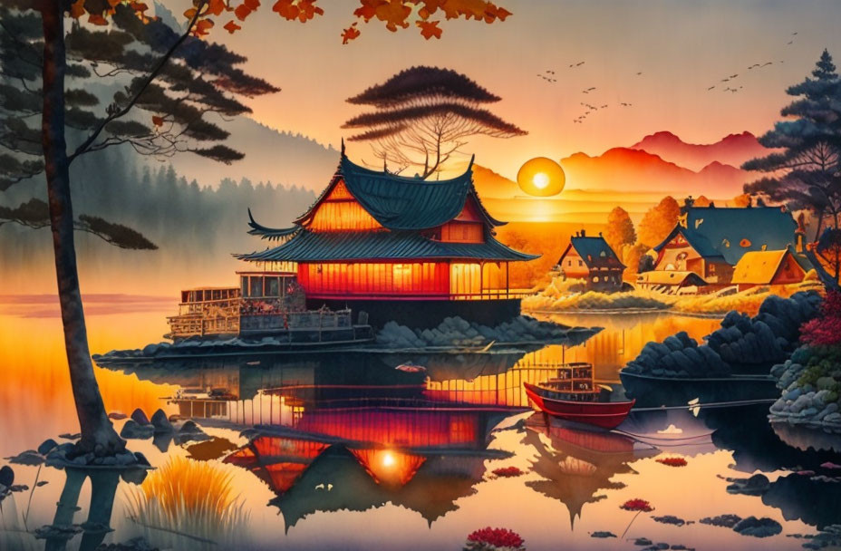 Landscape Japan autumn sunset idyll