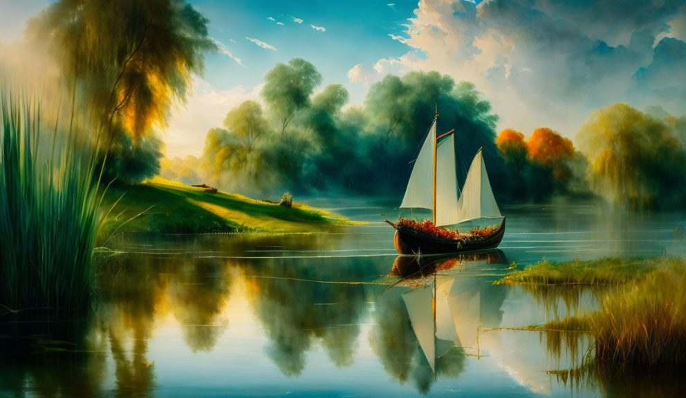 Tranquil landscape: sailboat on calm waters, lush greenery, colorful sky at sunrise or