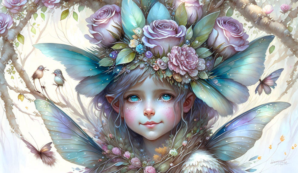 Illustration of young girl with fairy-like features, floral headdress, butterfly wings, pastel blooms