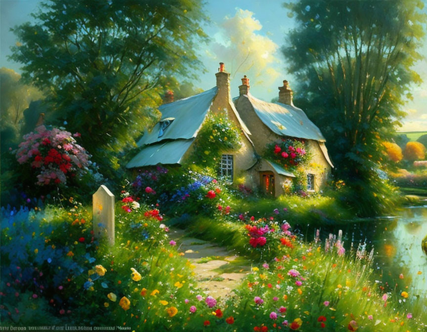 Tranquil cottage with lush greenery, vibrant flowers, and serene pond