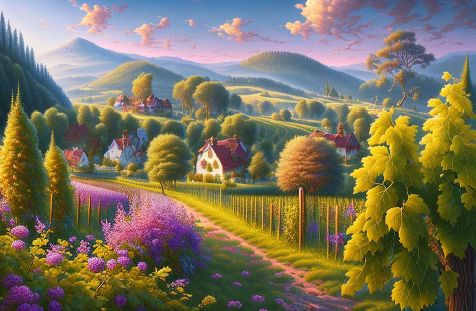 Tranquil village scene with cozy houses, lush gardens, winding road, vibrant flowers, pink sky