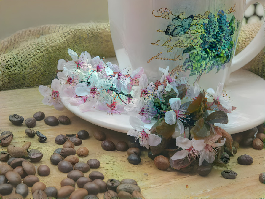Stillleben Kaffeetasse Kaffeebohnen Blumendekorati