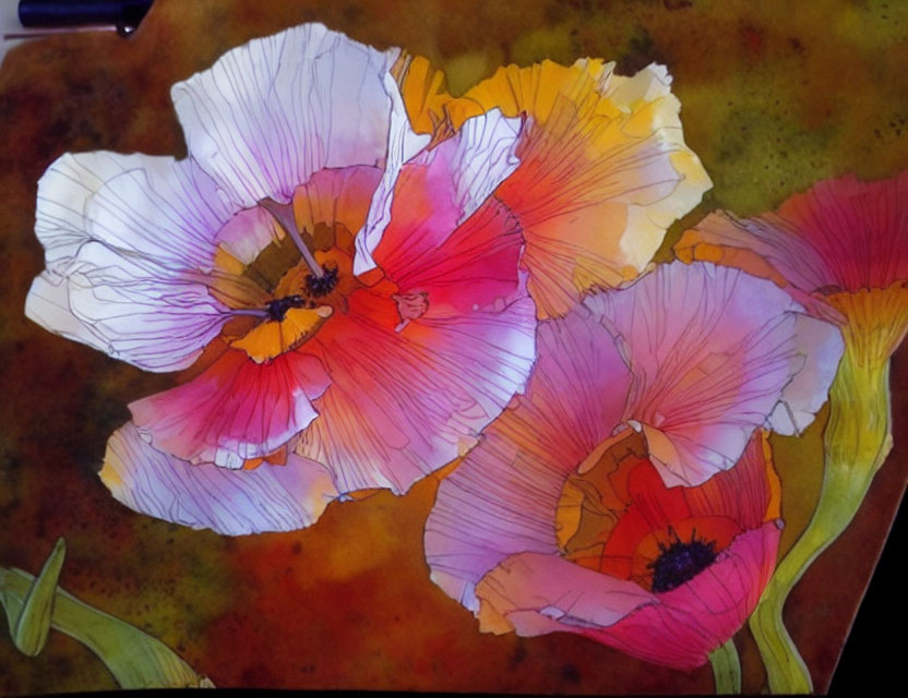Detailed Watercolor Painting of Translucent Poppies in White, Purple, and Orange