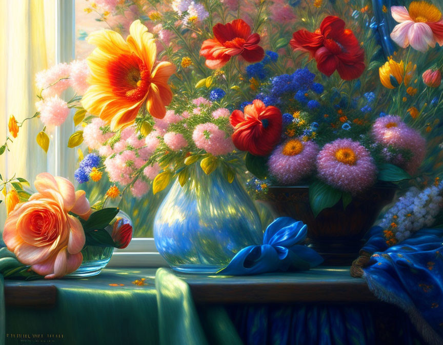 Colorful Flowers Still Life Painting with Vase, Table, Green Cloth, and Sunlight