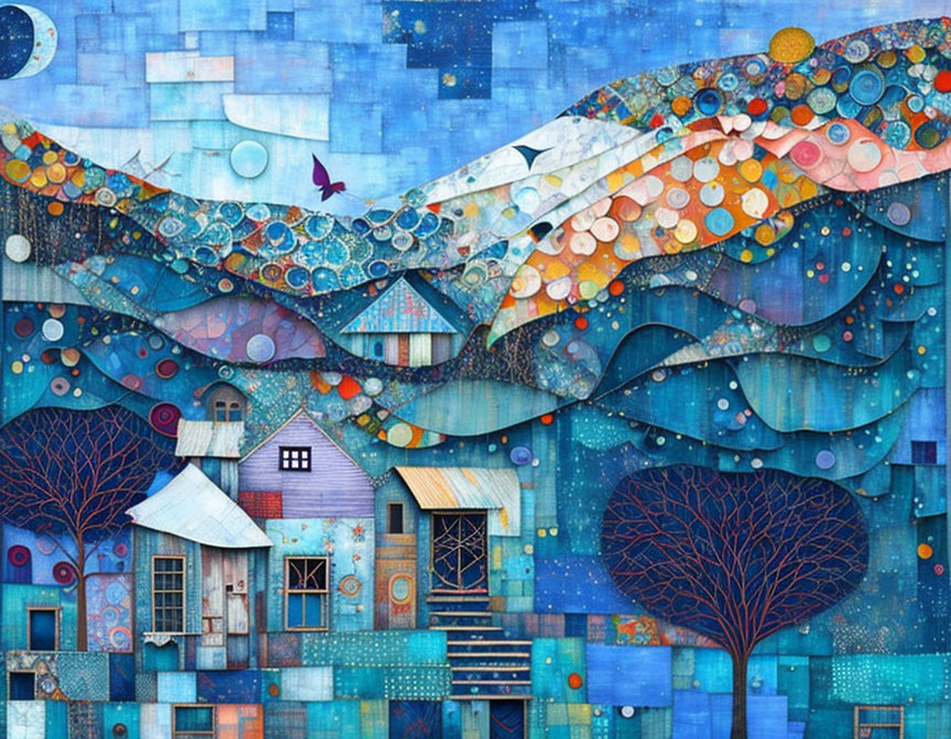 Colorful Abstract Artwork with Whimsical Houses and Trees in Blue Hues