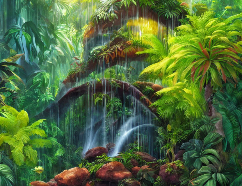 Tropical rainforest with mossy rocks and waterfall