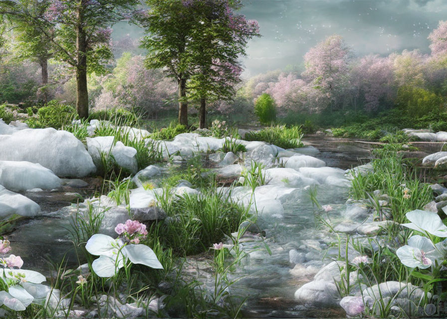 Tranquil creek in lush forest with pink trees and white flowers