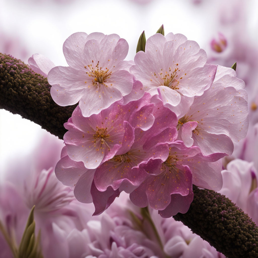 Delicate pink cherry blossoms with visible stamens on dark branch
