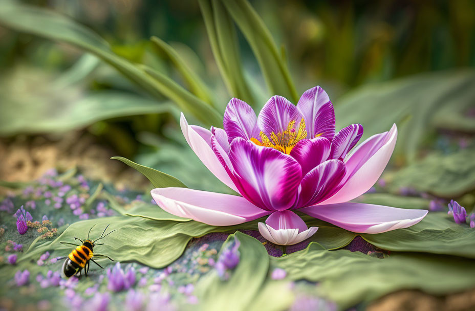 Detailed Pink Lotus Flower with Yellow Center and Bee Approaching