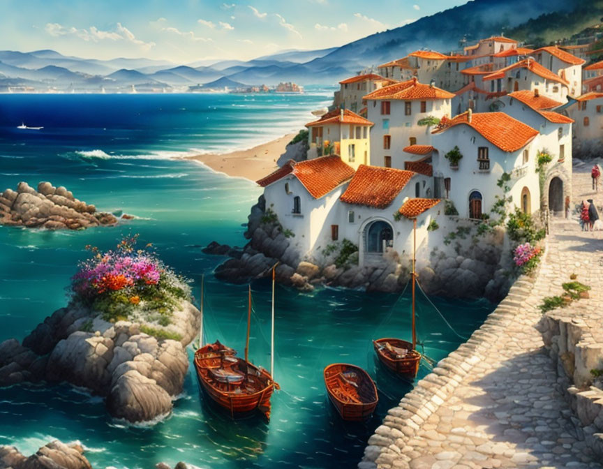 Picturesque coastal village with orange-roofed buildings, stone pier, boats, sea, mountains,