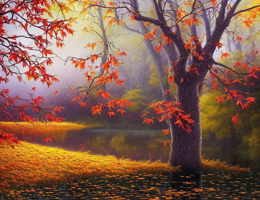 Tranquil autumn landscape with red tree by pond