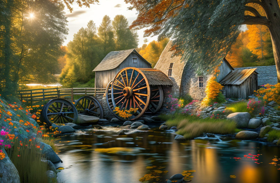 Old watermill, golden autumn, sunshine
