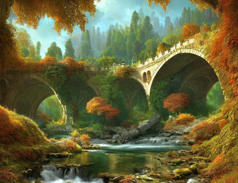 Phantasie Herbst Brücke Bach Felsen
